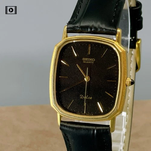 Vintage 1982 【N MINT w/Box】 SEIKO Dolce 6030-5550 Gold Black Qz 33mm Men's Watch