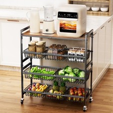 4-Tier Kitchen Cart with Wood Top, 8 Baskets, Wheels, Adjustable Pantry Organize