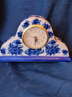 Ceramic Vintage Blue Floral Mantal Clock Working