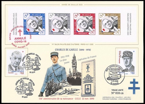 DG20-01ND: FDC DE GAULLE 2020 - bloc ND NAISSANCE + 2 TP cachet Paris et Lille - Picture 1 of 1