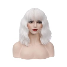 BUFASHION 14" Women Short Wavy Curly Wig White Bob Wig Cosplay Hall... Fast Ship