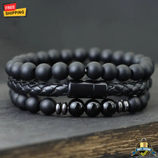 3pcs Men Bracelet Set Leather  8mm Onyx Tiger Eye Stone Magnetic Clasp