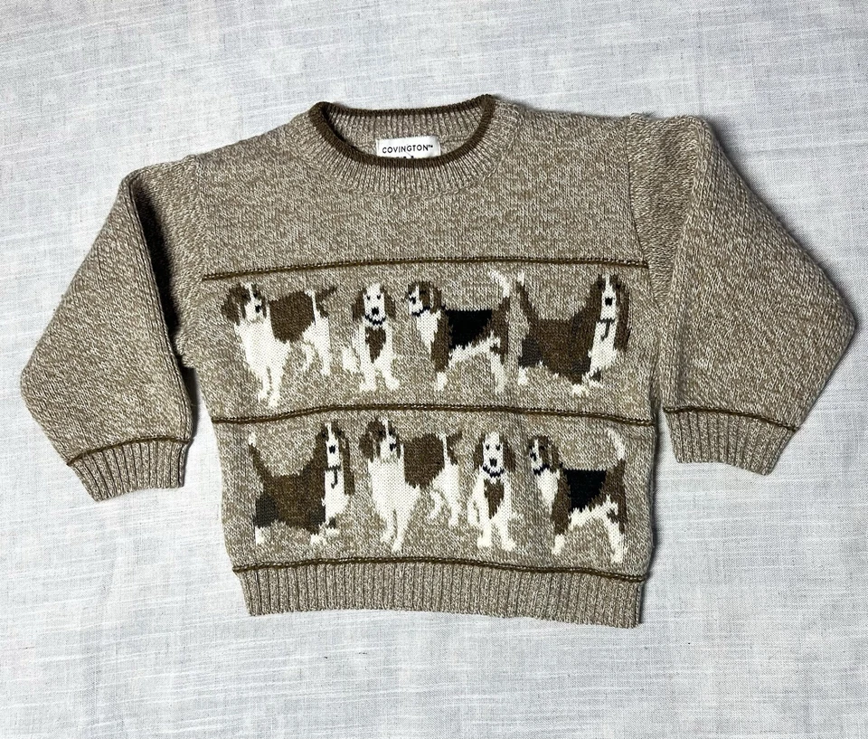 Vintage Kleinkind Hund hellbraun Strick Rundhalsausschnitt Pullover Kinder Größe 2T gebraucht 
