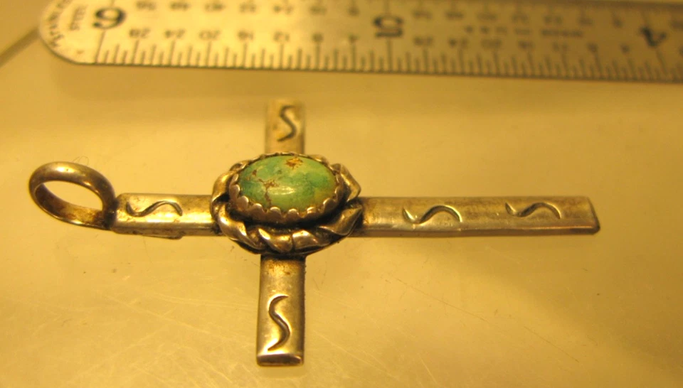 Maravillosa CRUZ TURQUESA PLATA ESTERLINA NAVAJO ERA FRED HARVEY DE COLECCIÓN Foto 3 de 4
