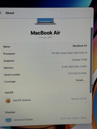 MacBook Air 2017 A1466 13" i5 8GB RAM 256GB SSD macOS Ventura APPLE OEM - Afbeelding 8 van 11