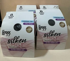 Lot of 4 L'eggs Silken Mist Ultra Sheer Leg Tights - Control Top - Black Mist- B