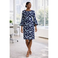 Talbots Floral Blossom Shift Dress Bell Sleeve Navy Blue Size 6