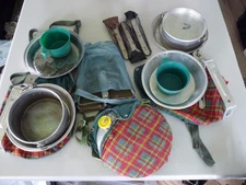Vintage Girl Scouts Camping Accessories 1960's Mess Kit Utensils Canteen Chair