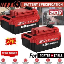 2-PACK 8000mAh Li-ion Battery for PORTER CABLE 20V Max PCC680L PCC685L PCC685LP