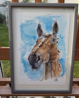 Original Lorbeer Pferd Zeichnung Aquarell Illustration Gemälde. Gerahmt. 