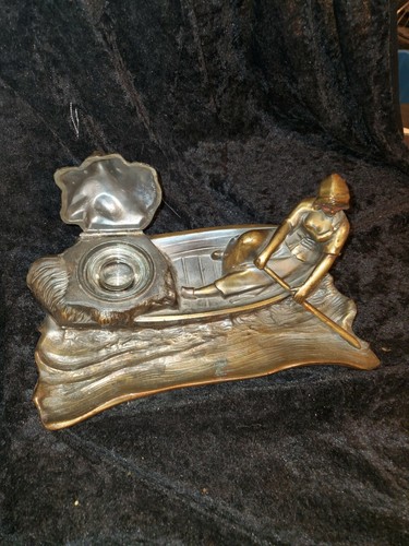 Antique Bronze Danish Girl Row Boat Art Nouveau Inkwell - Excellent Condition - Picture 2 of 7