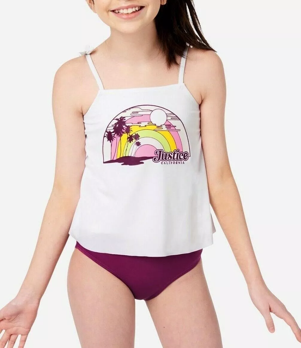 JUSTICE Girls Swimsuit Tankini 14 18 L XL Color Changing Logo Tropical | eBay