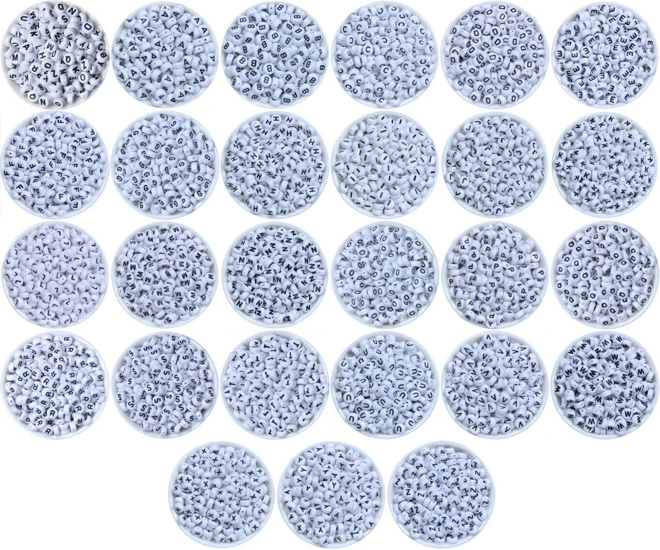 Perle Alphabet 7mm x 4mm Blanc Ecriture Noir Lettre au Choix