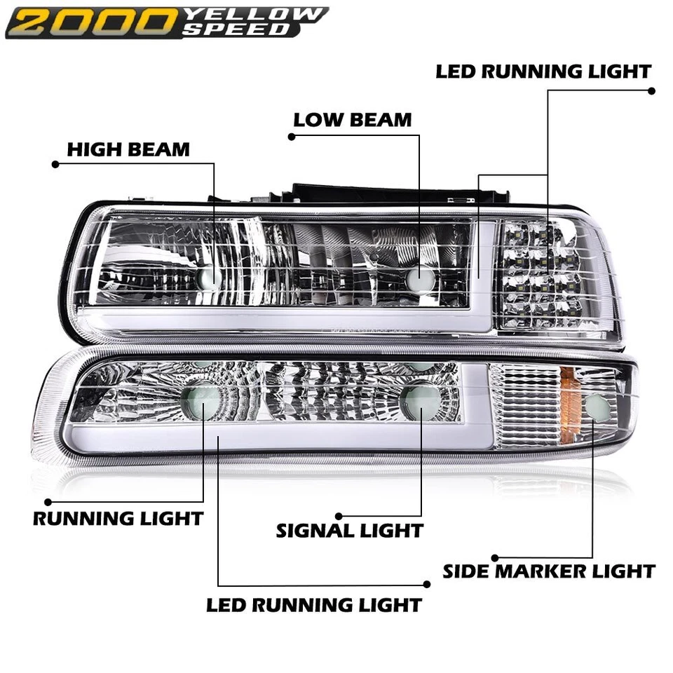 Fit For 99-02 Chevy Silverado/00-06 Suburban Tahoe LED BAR DRL Chrome Headlights - Image 2 of 4