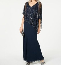New 198 J Kara Women's Blue Beaded Mesh Cape V-Neck Popover Formal Dress Size 6