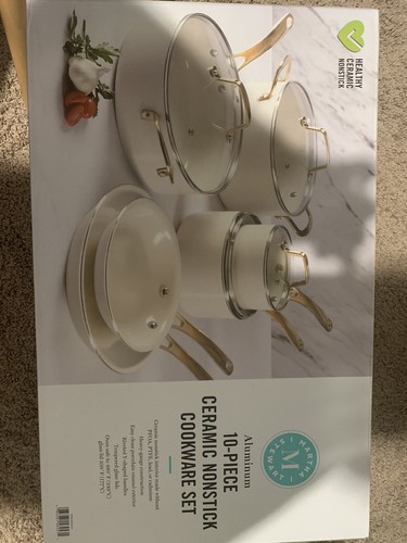 Martha Stewart Lockton 10-teiliges Keramik Antihaft Set, Leinen mit Goldgriff - Bild 4 von 5
