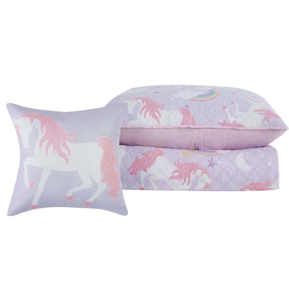 Twin 3pcs Modern Microfiber, Rainbow Unicorn Kids Bedding Quilt Set, Purple - Image 2 of 4