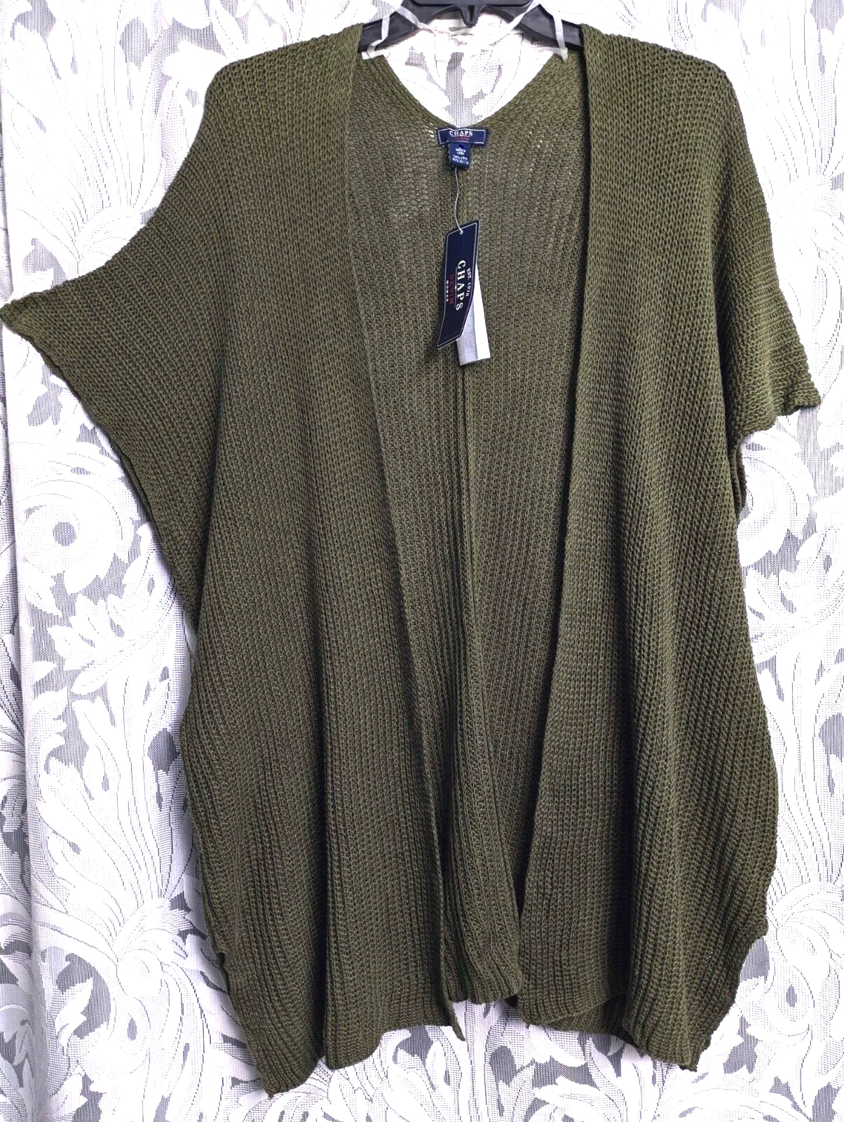 2X CHAPS RALPH LAUREN GREEN RIB KNIT OPEN FRONT PONCHO CARDIGAN SWEATER W/BELT