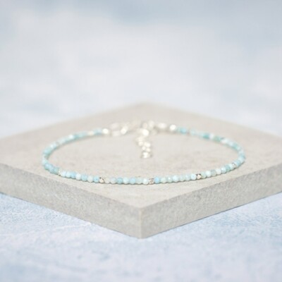 Natural Larimar Stone Dainty Bracelet 2mm Pectolite Crystal Bracelet Minimalist