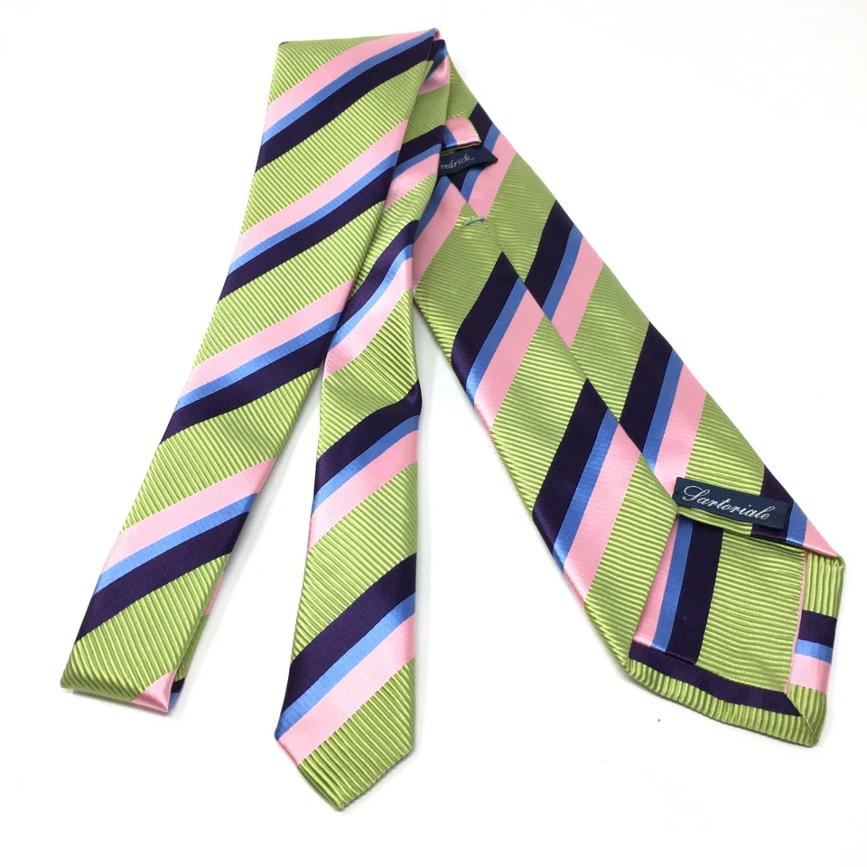 Corbata Paul Fredrick Sartoriale siete pliegues verde azul rosa rayas 100 % seda Italia Foto 2 de 4