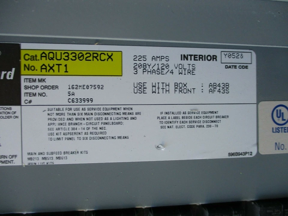 GE AQU3302RCX Panelboard 225 Amp MLO 120/208 Volt 3PH 4W 30 Ckt -E234 - Image 3 of 3