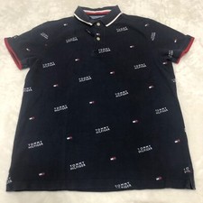 Tommy Hilfiger THFlex Logo AOP Polo Shirt Mens Size Medium Slim Fit Blue