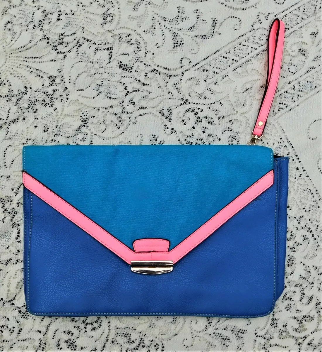 David Jones Color Block Pink / Blue Leather Look Clutch Purse