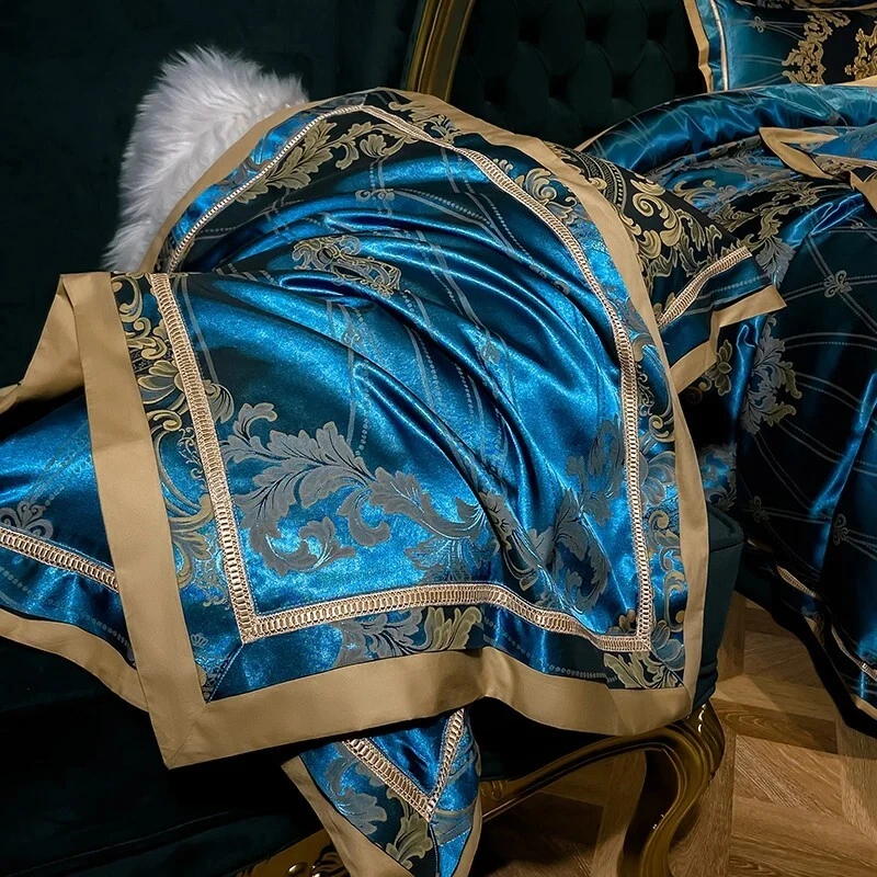 Turqoiuse Damask Design Satin Jacquard Cotton Silky Soft Bedding Duvet Cover Set - Image 2 of 4