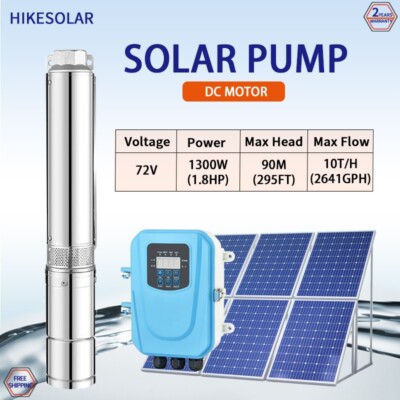 Solar Water Pump 4'' DC 1300W 1.8HP Plastic Impell Max Head 90M Irrigation System