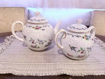 Vintage Crown Staffordshire Teapot & Sugar Bowl +lid Set Bird of Paradise 712548