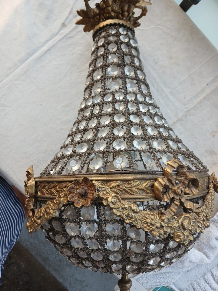 Lustre plaffonier pampilles cristal bronze, Napoléon montgolfière bronze dore - Photo 1/4