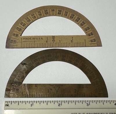 2 Vtg Protractors Semicircular Brass Cardboard USA Made