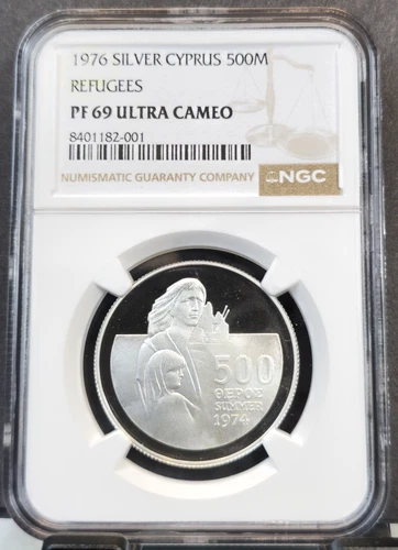1976 CYPRUS SILVER 500 MILS REFUGEES NGC PF 69 ULTRA CAMEO RARE TOP POP