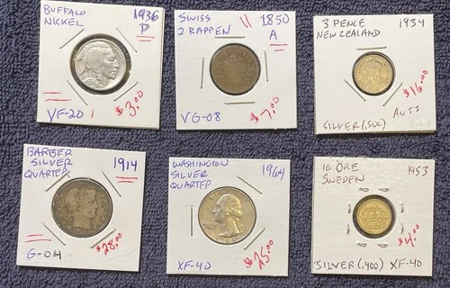 6 Coin Lot (mostly Silver; Including 2 90% Quarters -1914 & 1964)