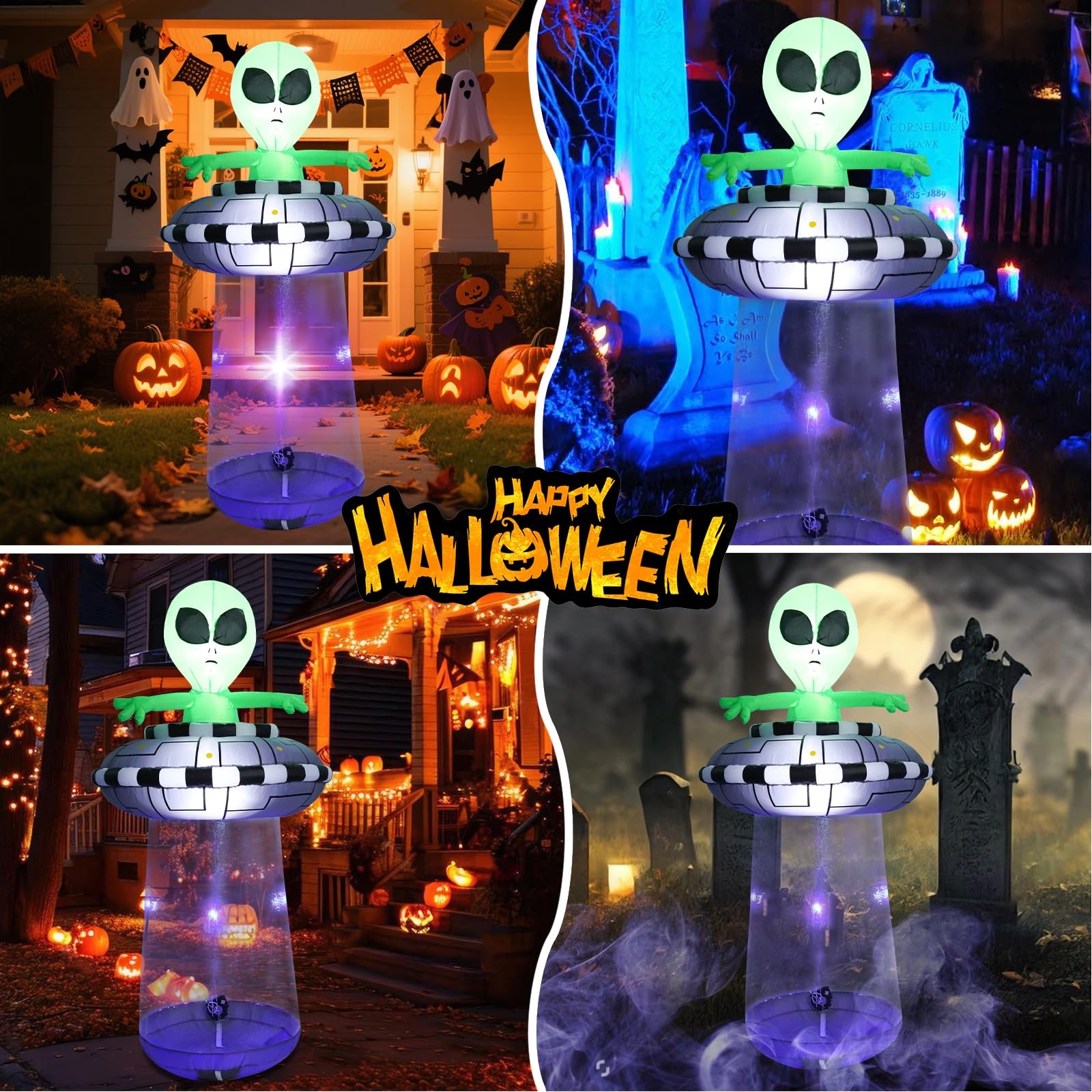 Halloween Inflatable Alien UFO Decoration, 6FT Blow Up Outdoor Yard Decor wit...