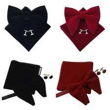 Men Velvet Pre-Tied Adjustable Bow Tie Pocket Square Handkerchief Cufflink Set