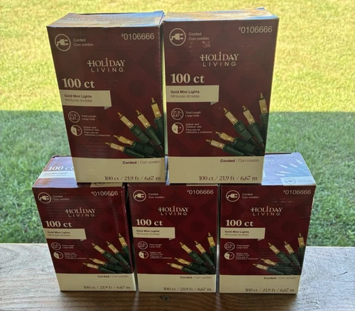 (5) Boxes 100 Ct Holiday Living Gold Mini Lights Corded Strands 22 Ft--Free Ship