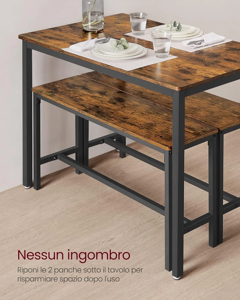 Tavolino Da Pranzo Con 2 Panche, Set Di 3 Pezzi, Tavolo Da Cucina 70 X 110 X 75  - Immagine 4 di 4