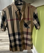 Burberry Men s Beige Plaid Short Sleeve Cotton Button-Down Shirt Size S