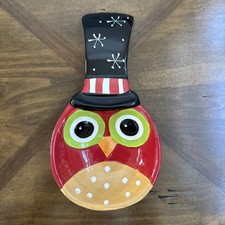 Christmas Owl w/ Top Hat Ceramic Spoon Rest Holiday Kitchen Decor