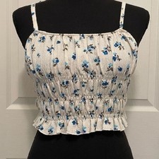 Cropped Tank Top Smocked White Ditsy Floral Ruffle Hem Cottage Coquette S M L