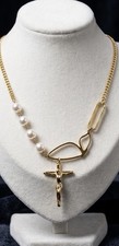 Gold Tone Cable Chain Necklace with White Rou...