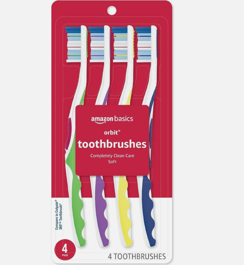 Amazon Basics Orbit Toothbrushes Soft Bristles Full Size 4 Count Assorted Colors