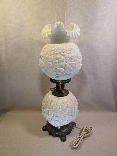 Fenton-Vintage White Poppy 'Gone with the Wind' Milk Glass Parlor Lamp-C. 1969