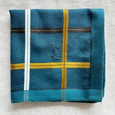 MENS Handkerchief Vintage Sky Blue Fabric Woven Yellow Check Pocket Square 18"