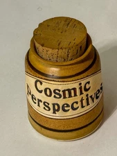 [E325] Cosmic Perspectives Dr Brophy word jar hand thrown pottery cork 4x6"