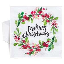100 Pack Merry Christmas Paper Napkins Watercolor Style Wreath Pattern Disposabl