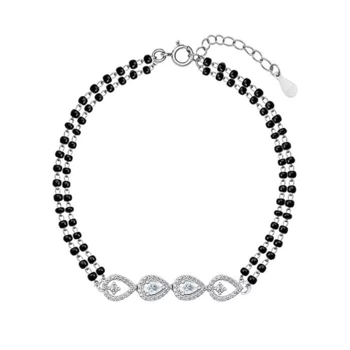 CLARA 925 Sterling Silver Leaf Hand Mangalsutra Bracelet Black Beads,