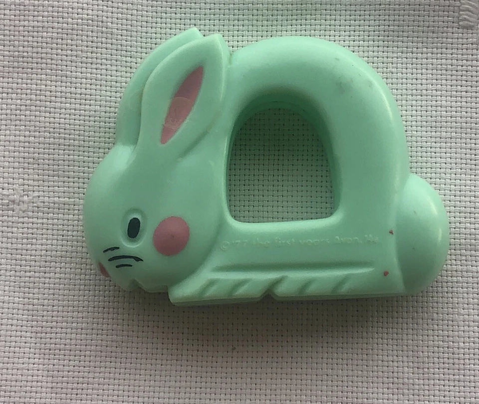 Vtg The First Years 1977 Bunny Rabbit Plastic Rattle Aqua & Pink Made In USA - Image 2 of 4