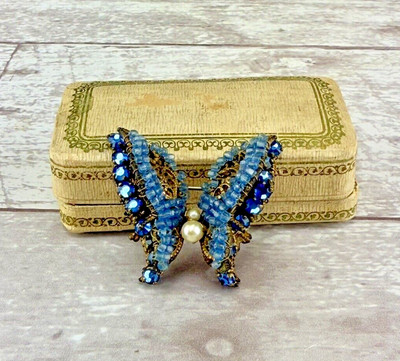Vintage Miriam Haskell Gold Tone Brooch Pin Butterfly With Blue Beads & Pearls